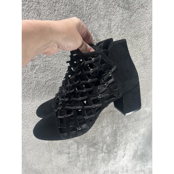 Cecelia New York Women’s 8 Boots Bootie Black Suede Block Heel Leather Ribbons - Picture 5 of 11